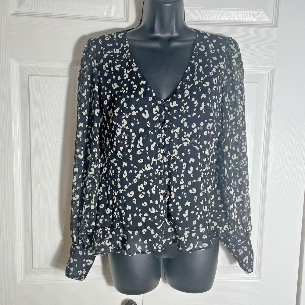 Nine West Shirt Womens Small Black White Animal Print Long Sleeve Whimsigoth Top